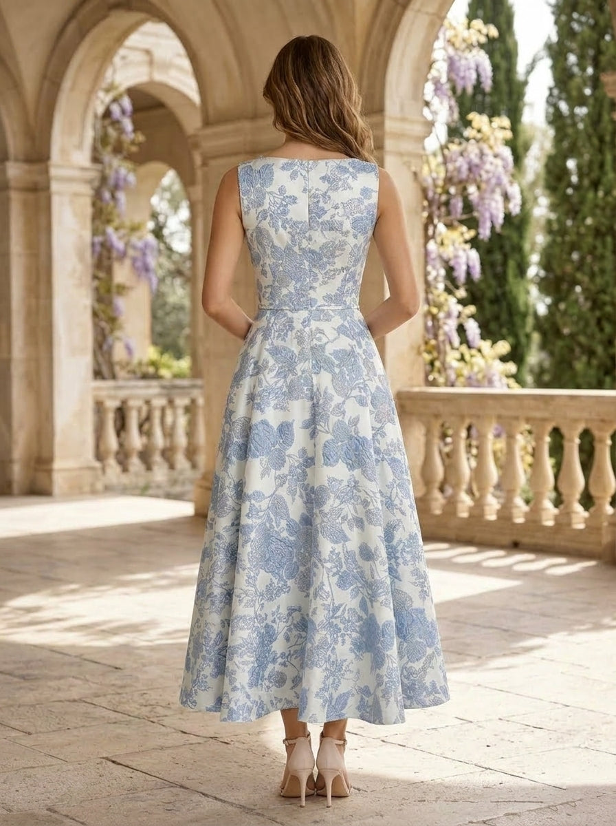 Ligne A/Princesse Col en V Jacquard Robe Cocktail Florale Longueur du Thé Sans Manches Formelle
