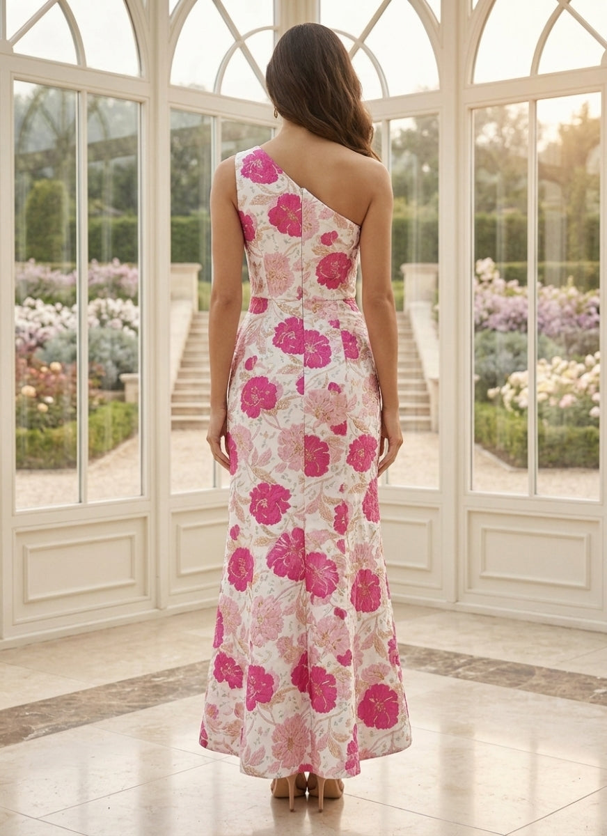 Gaine/Colonne Une Épaule Nue Jacquard Robe Cocktail Florale Longueur de la Cheville Sans Manches Volants Formelle