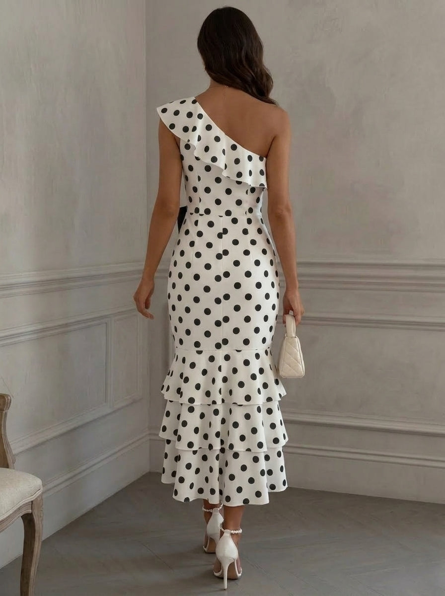 Gaine/Colonne Une Épaule Nue Motif à Pois Robe Cocktail avec Nœud Papillon Longueur du Thé Sans Manches Volants Formelle