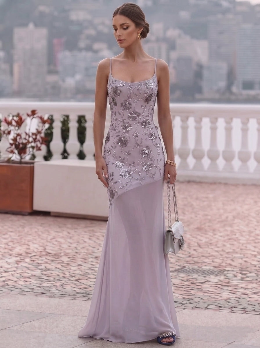Robe de Soirée 2 Pièces Gaine/Colonne Col Rond Sans Manches Longueur au Sol Florale Mousseline à Paillettes