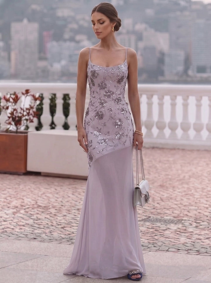 Robe de Soirée 2 Pièces Gaine/Colonne Col Rond Sans Manches Longueur au Sol Florale Mousseline à Paillettes