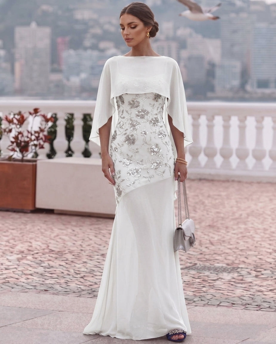 Robe de Soirée 2 Pièces Gaine/Colonne Col Rond Sans Manches Longueur au Sol Florale Mousseline à Paillettes