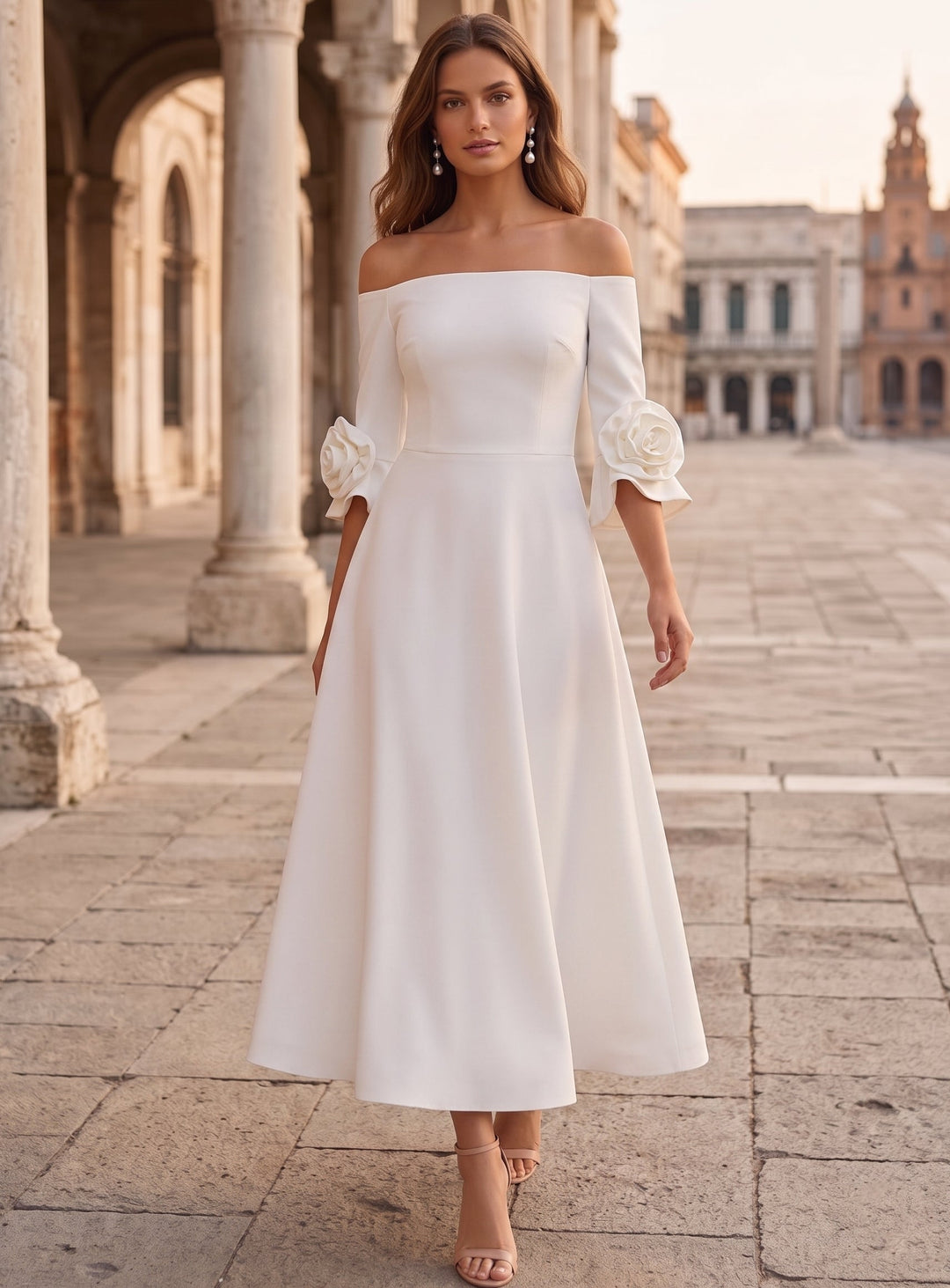 Ligne A/Princesse Hors de l'épaule Satin élastique Robe cocktail avec Fleur 3D Longueur de la Cheville Florale 3/4 Manches Formelle