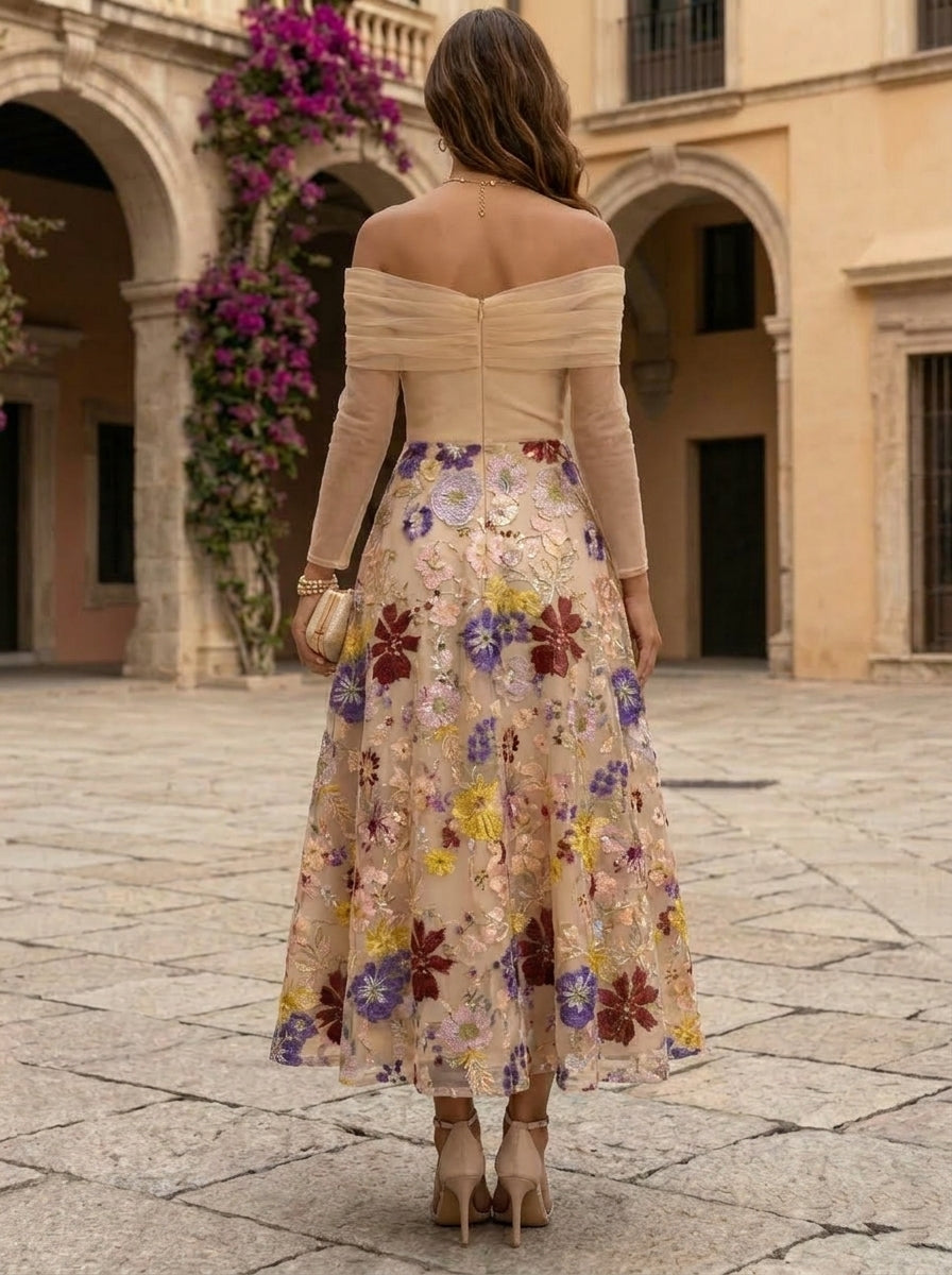 Ligne A/Princesse Hors de l'épaule Dentelle Broderie Robe cocktail Longueur de la Cheville Manches Longues Florale Formelle