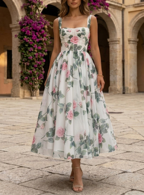 Ligne A/Princesse Col Carré Mousseline Robe cocktail Longueur du Thé Sans Manches Florale Formelle