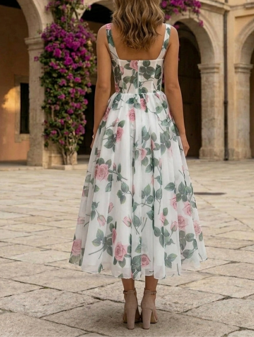 Ligne A/Princesse Col Carré Mousseline Robe cocktail Longueur du Thé Sans Manches Florale Formelle
