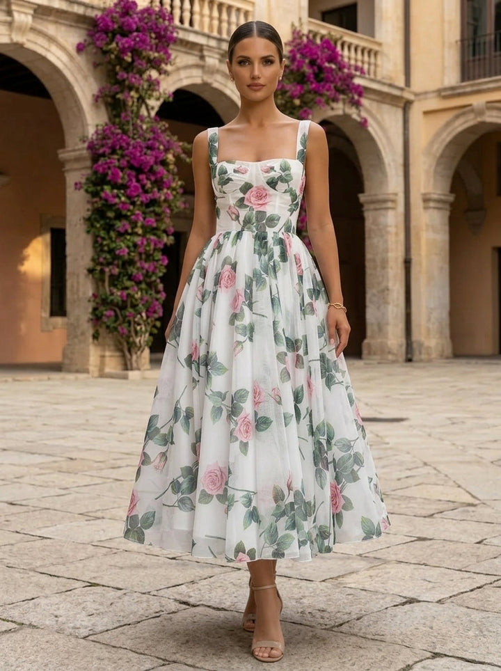 Ligne A/Princesse Col Carré Mousseline Robe cocktail Longueur du Thé Sans Manches Florale Formelle