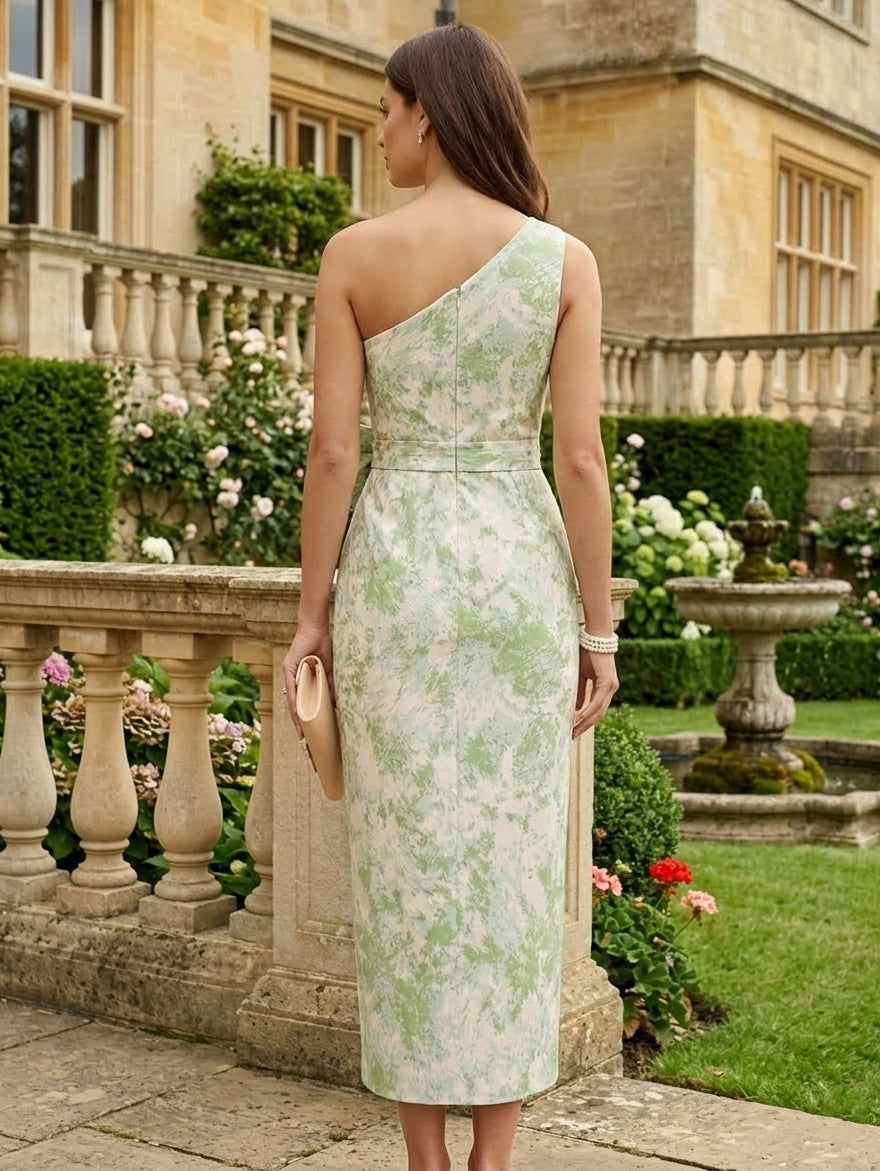 Gaine/Colonne Une Épaule Nue Jacquard Robe cocktail avec Nœud Papillon Longueur du Thé Florale Sans Manches Formelle