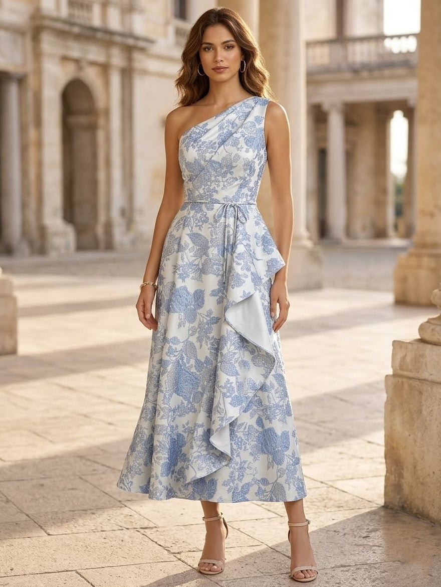 Ligne A/Princesse Une Épaule Nue Jacquard Robe cocktail Longueur du Thé Floral Volants Sans Manches Formelle