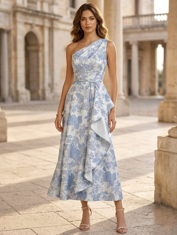 Ligne A/Princesse Une Épaule Nue Jacquard Robe cocktail Longueur du Thé Floral Volants Sans Manches Formelle