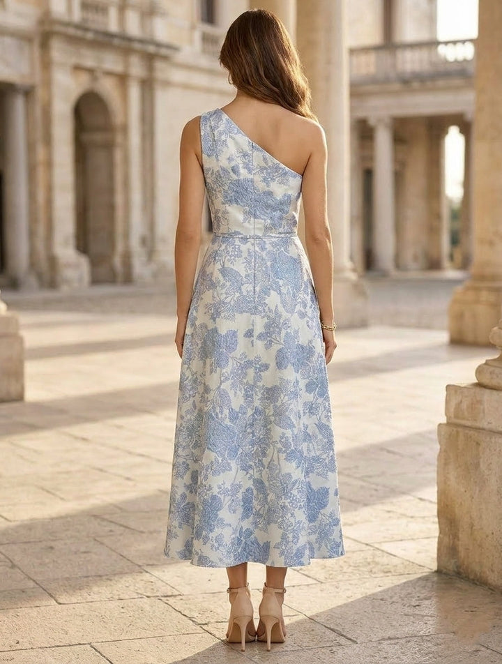 Ligne A/Princesse Une Épaule Nue Jacquard Robe cocktail Longueur du Thé Floral Volants Sans Manches Formelle