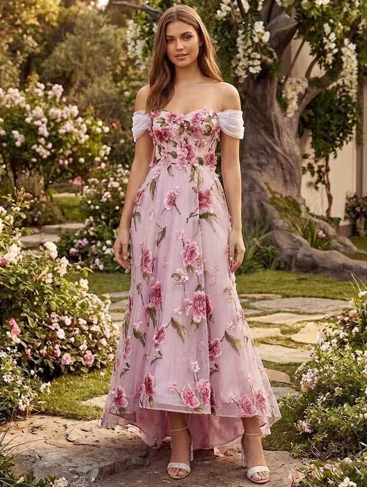 Ligne A/Princesse Hors de l'épaule Broderie Robe cocktail Asymétrique Longueur au Sol Florale Sans Manches Formelle