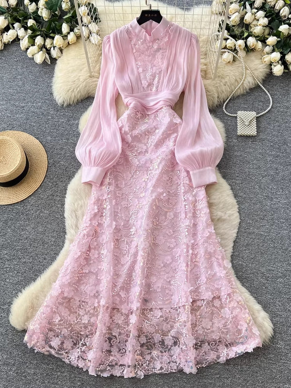 Robe d'Invitée de Mariage Ligne A/Princesse Col Montant en Dentelle Longueur Midi avec Manches Bouffantes Longues