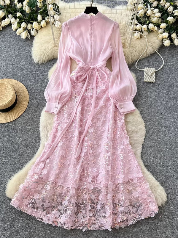 Robe d'Invitée de Mariage Ligne A/Princesse Col Montant en Dentelle Longueur Midi avec Manches Bouffantes Longues