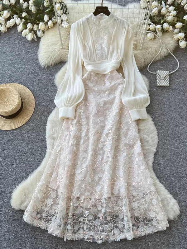 Robe d'Invitée de Mariage Ligne A/Princesse Col Montant en Dentelle Longueur Midi avec Manches Bouffantes Longues