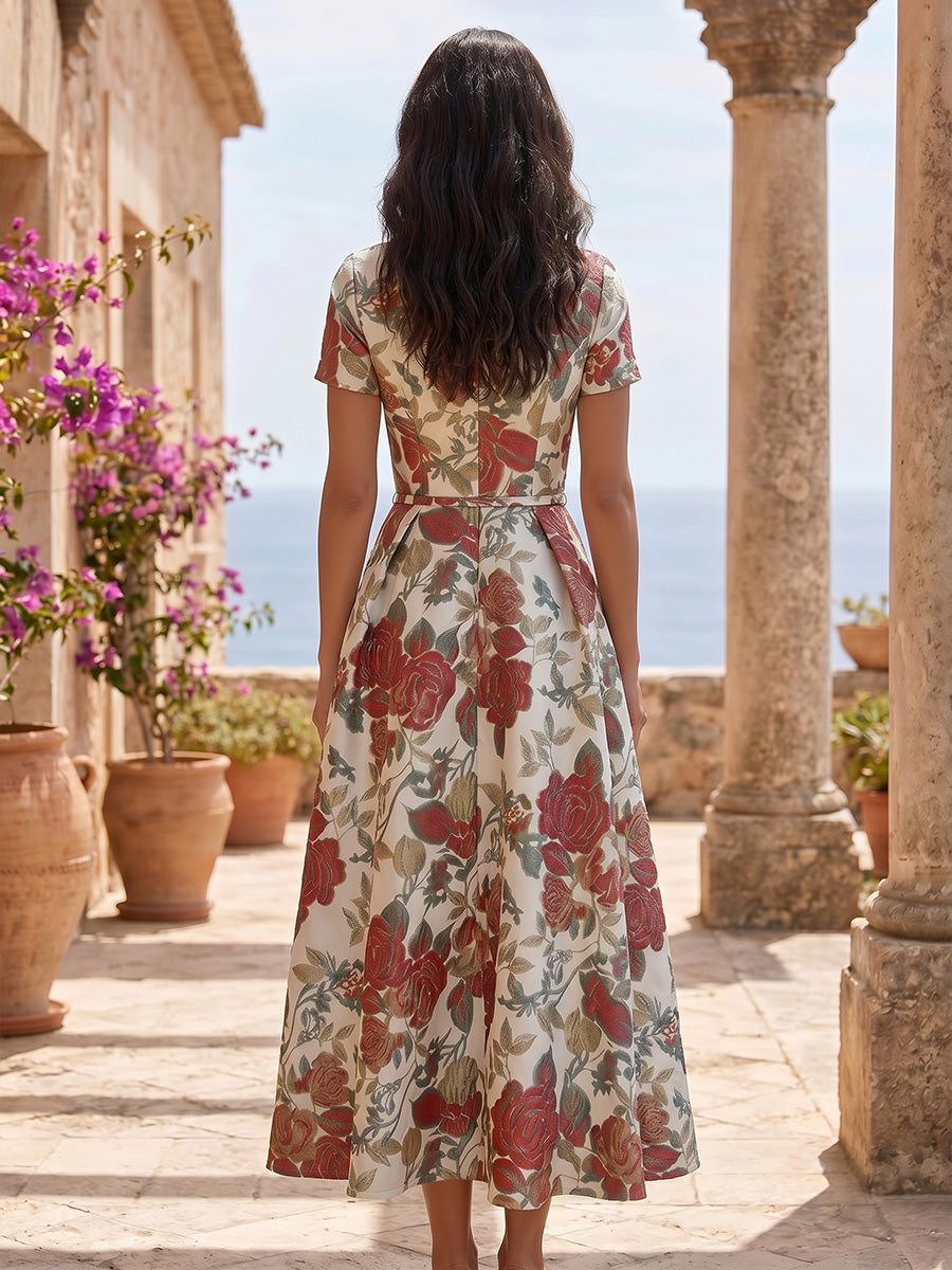 Ligne A/Princesse Col en V Jacquard Robe Cocktail Florale Longueur du Thé Manches Courtes Formelle