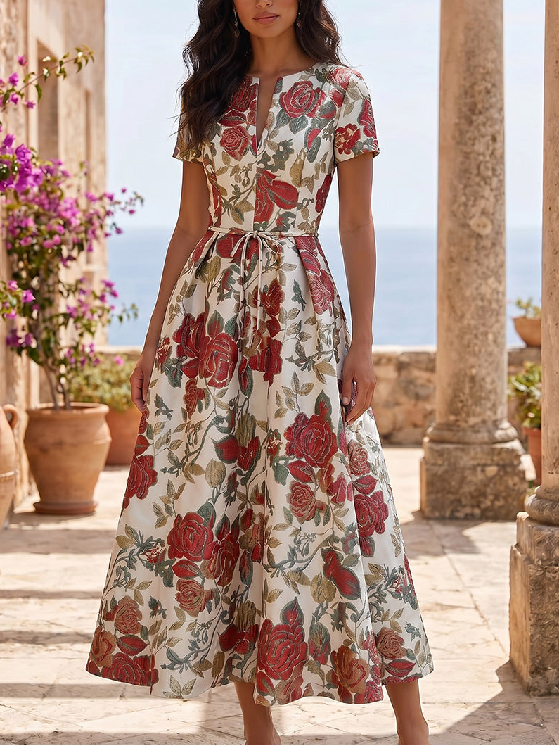 Ligne A/Princesse Col en V Jacquard Robe Cocktail Florale Longueur du Thé Manches Courtes Formelle