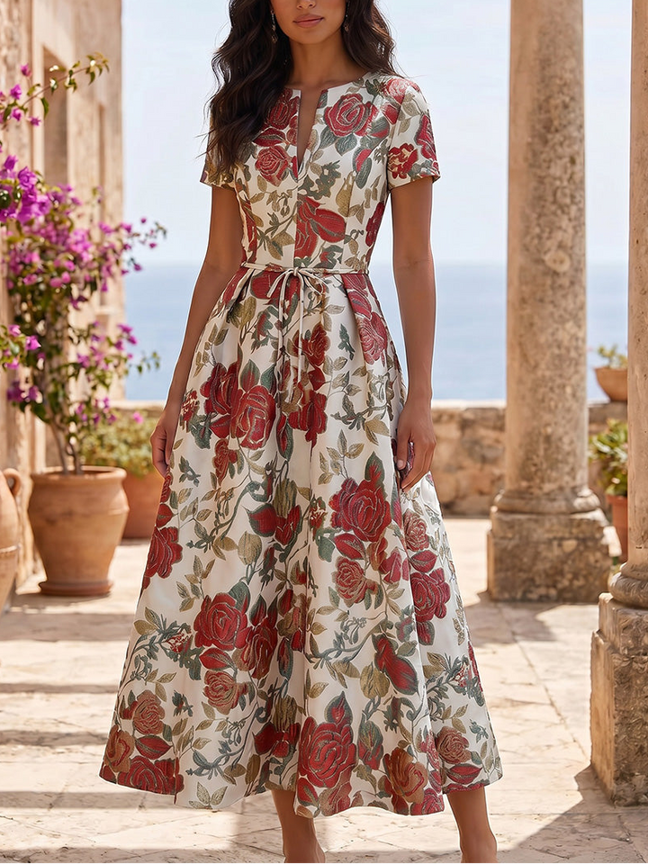 Ligne A/Princesse Col en V Jacquard Robe Cocktail Florale Longueur du Thé Manches Courtes Formelle