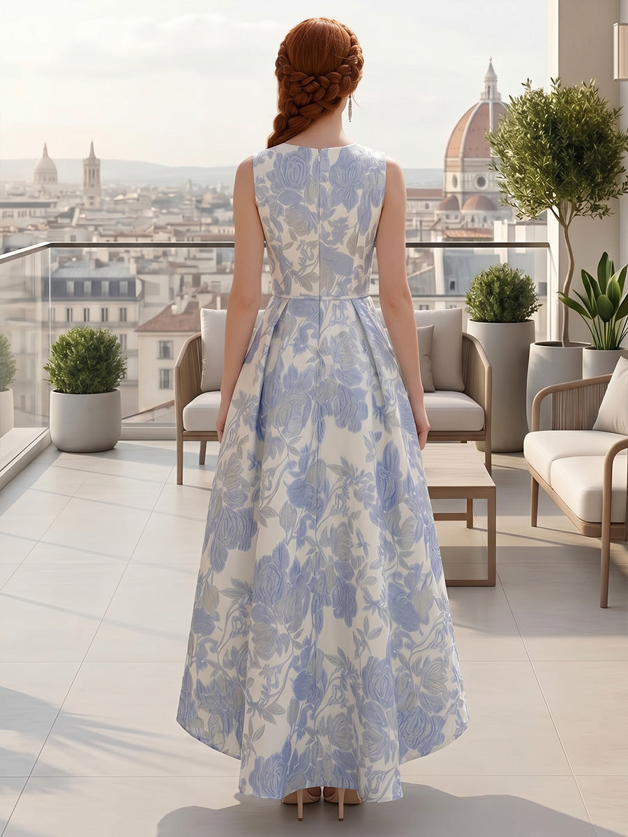 Ligne A/Princesse Col en V Jacquard Robe Cocktail Florale Longueur du Thé Asymétrique Sans Manches Formelle