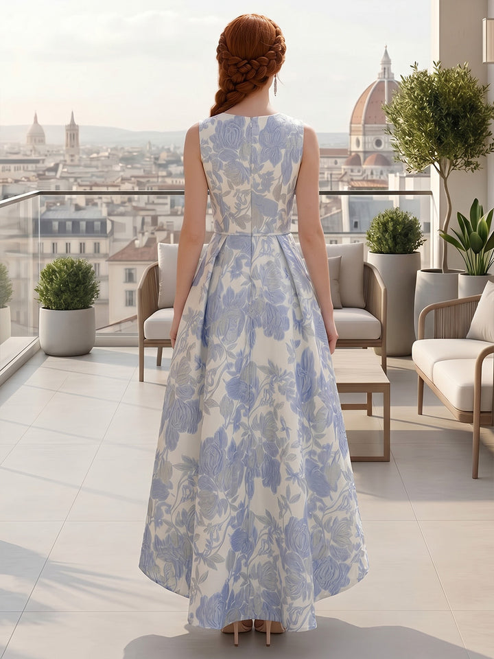 Ligne A/Princesse Col en V Jacquard Robe Cocktail Florale Longueur du Thé Asymétrique Sans Manches Formelle