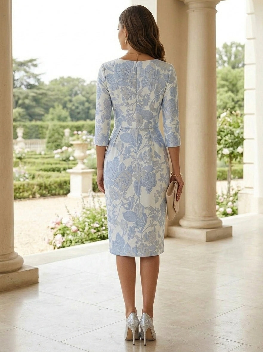 Gaine/Colonne Col en V Jacquard Robe Cocktail Florale Longueur Genou Manches3/4 Formelle