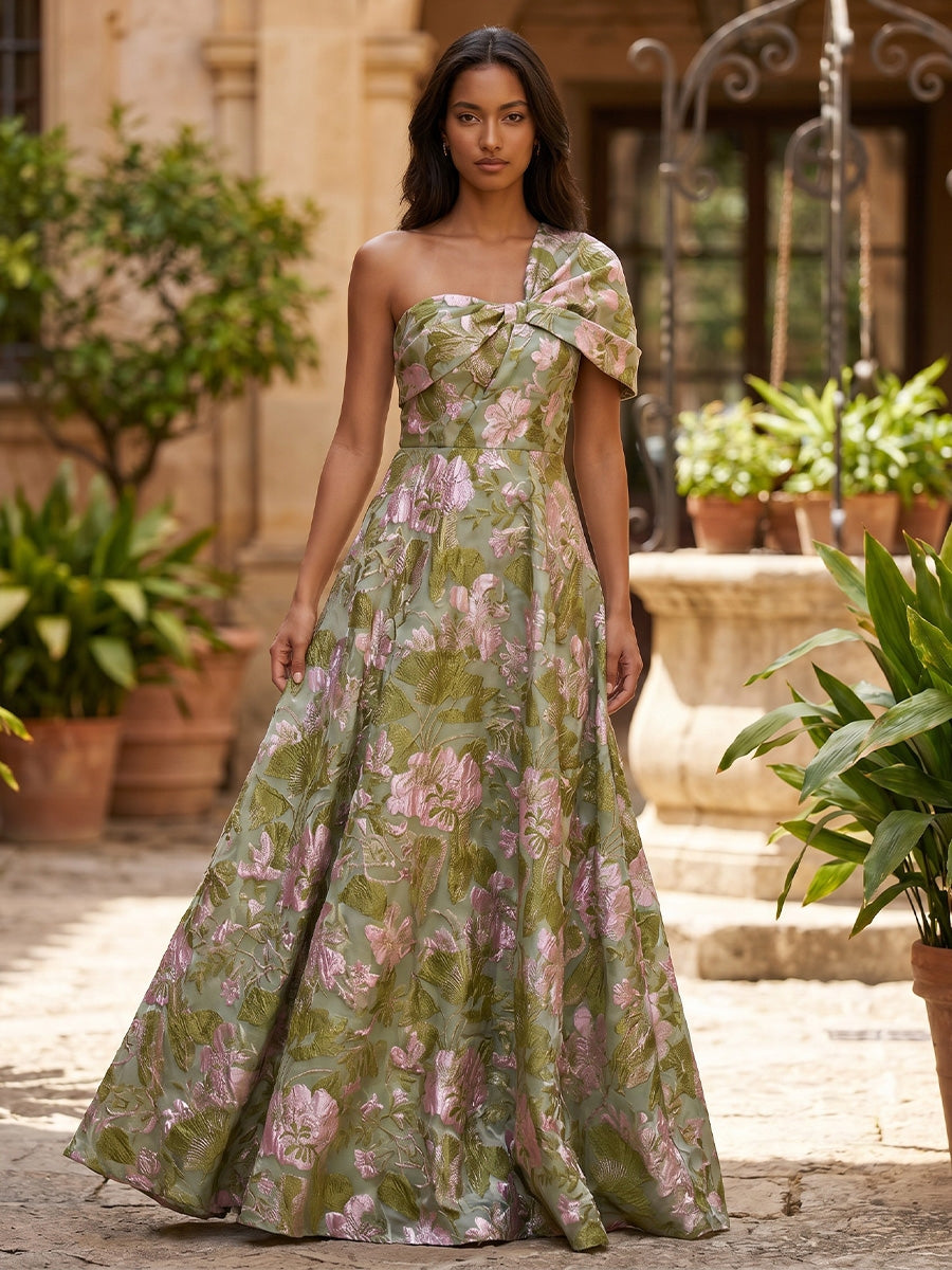 Robe de Soirée, Ligne A/Princesse, Jacquard, Une Épaule Nue, Sans Manches, Longueur au Sol, Florale