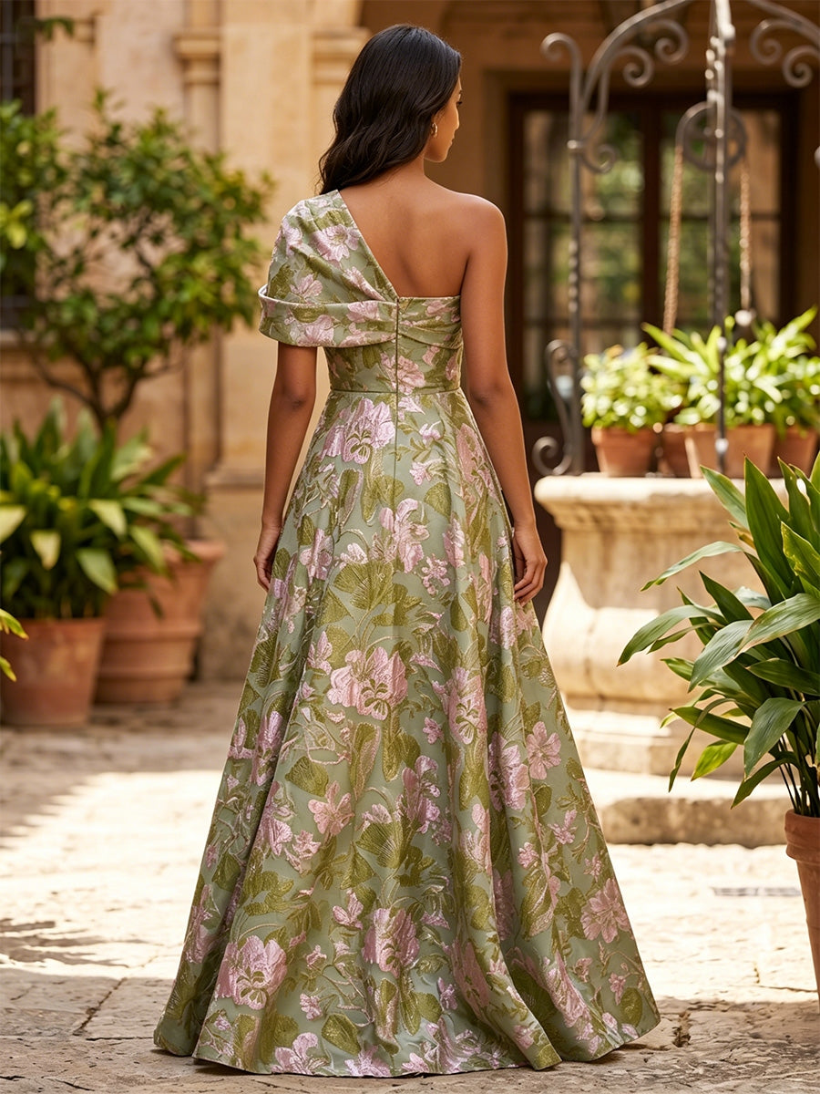 Robe de Soirée, Ligne A/Princesse, Jacquard, Une Épaule Nue, Sans Manches, Longueur au Sol, Florale