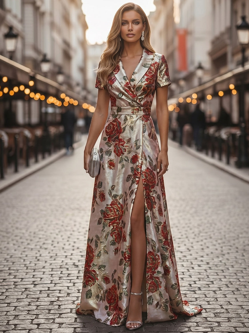 Robe de Soirée, Ligne A/Princesse, Jacquard, Col en V, Manches Courtes, Longueur au Sol, Florale, avec Fente Laterale