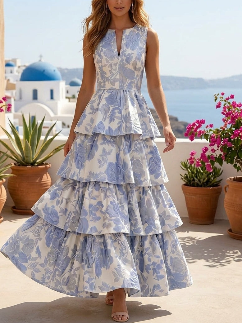 Robe de Soirée, Ligne A/Princesse, Jacquard, Col en V, Sans Manches, Longueur de la Cheville, Florale, à Volants