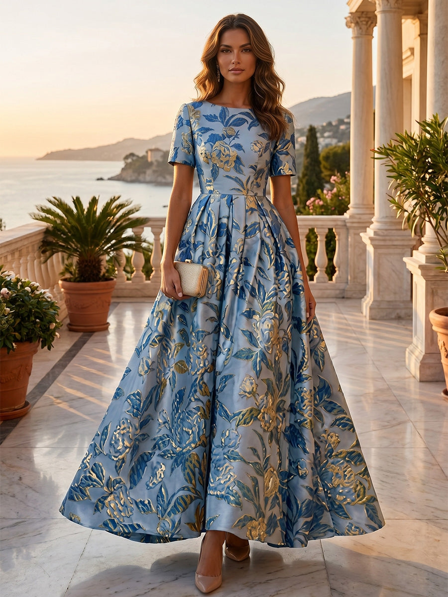 Robe de Soirée, Ligne A/Princesse, Jacquard, Col Rond, Manches Courtes, Longueur de la Cheville, Florale
