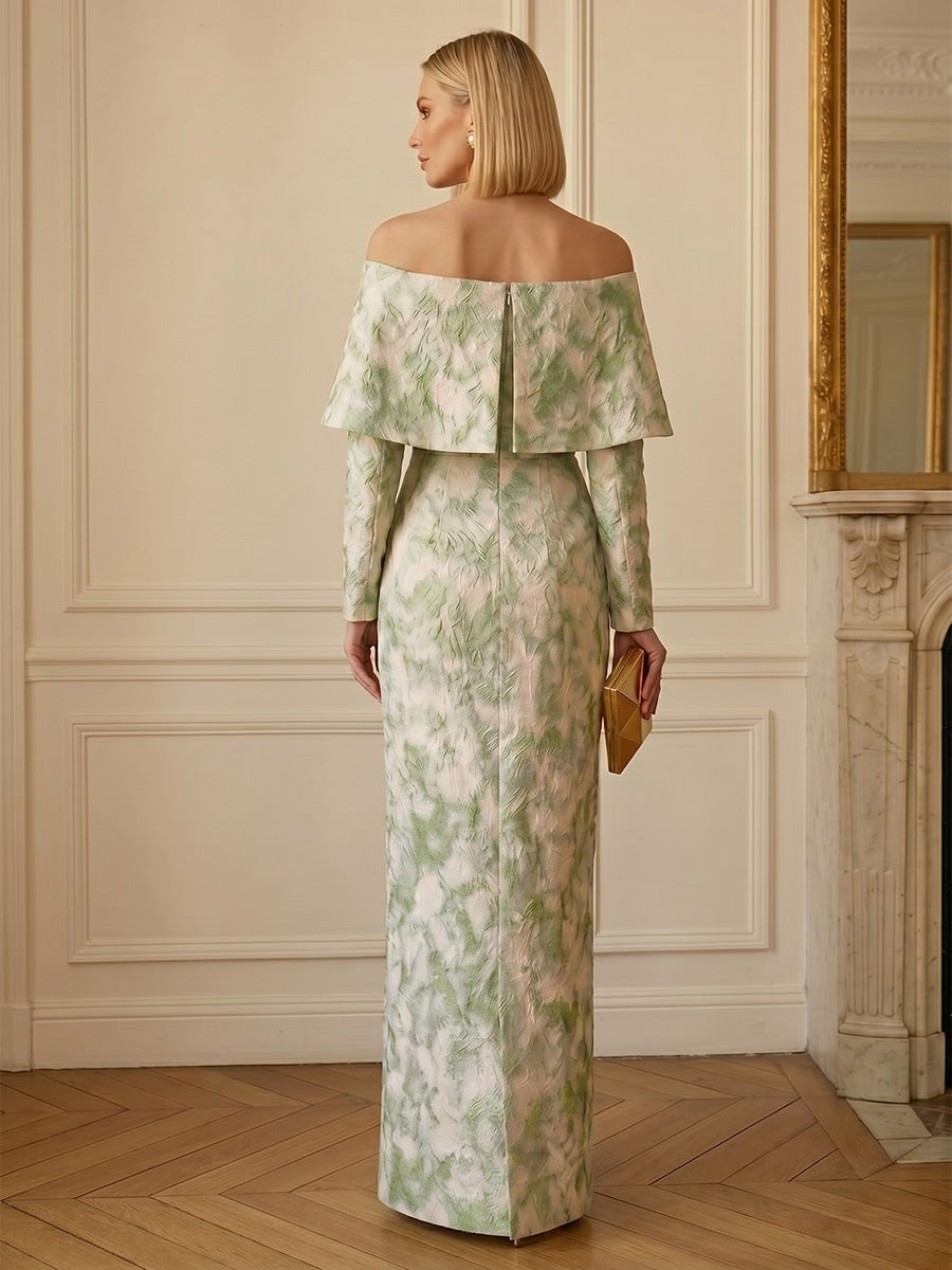 Robe de Soirée, Gaine/Colonne, Jacquard, Hors de l'épaule, Manches Longues, Longueur au Sol, Florale