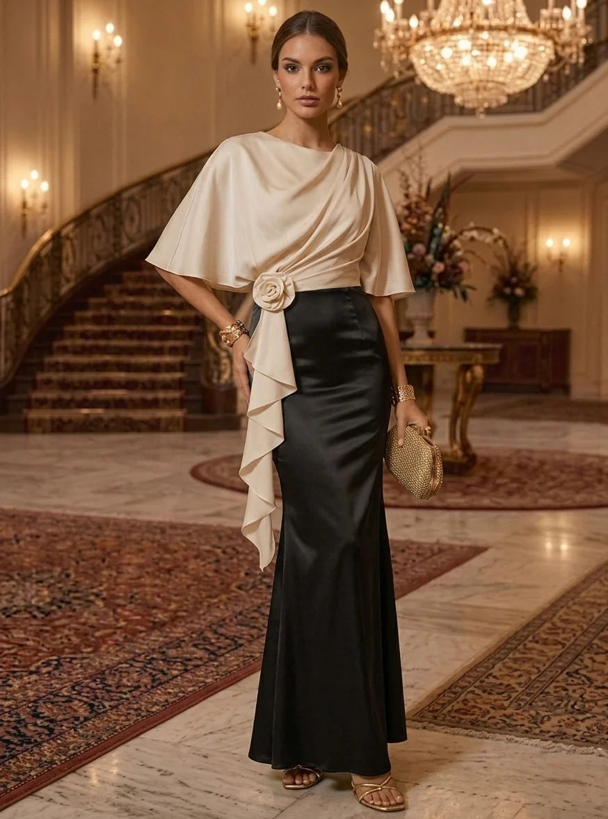 Robe de Soirée, Gaine/Colonne, Satin de Soie, Col Rond, Manches Cape, Longueur de la Cheville, avec Fleurs 3D