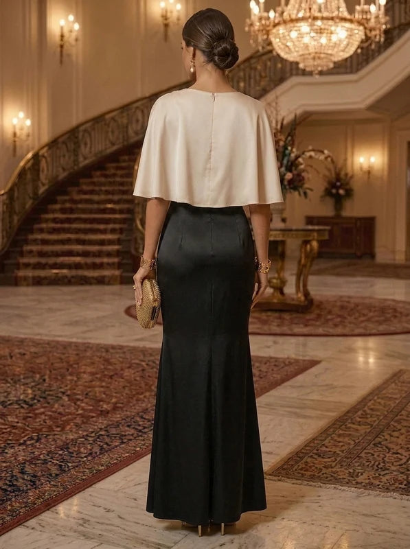 Robe de Soirée, Gaine/Colonne, Satin de Soie, Col Rond, Manches Cape, Longueur de la Cheville, avec Fleurs 3D