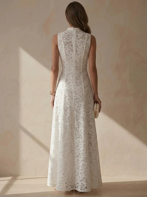Robe de Soirée, Ligne A/Princesse, Dentelle, Col Montant, Sans Manches, Longueur de la Cheville, Florale