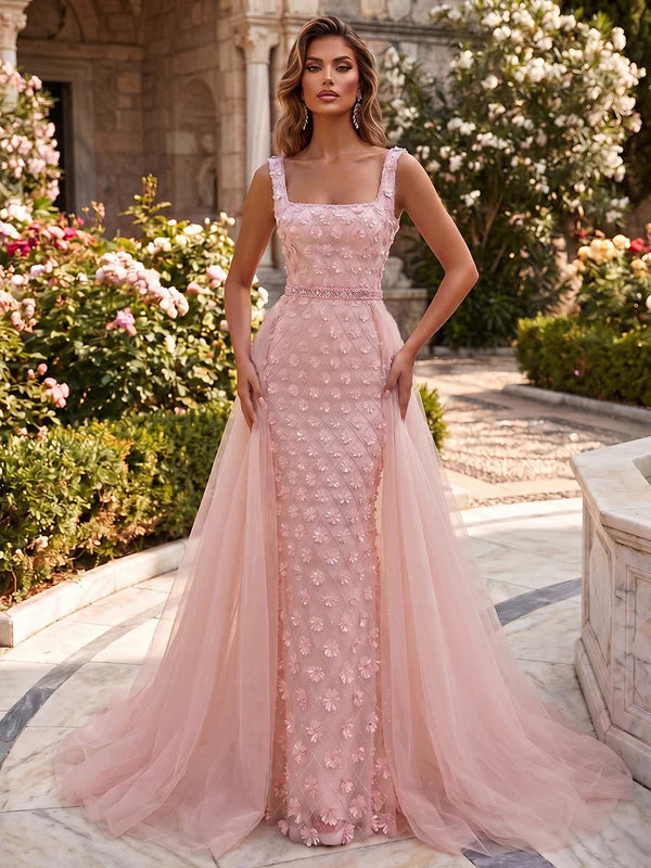 Robe de Soirée, Gaine/Colonne, Col Carré, Sans Manches, Longueur au Sol, Florale