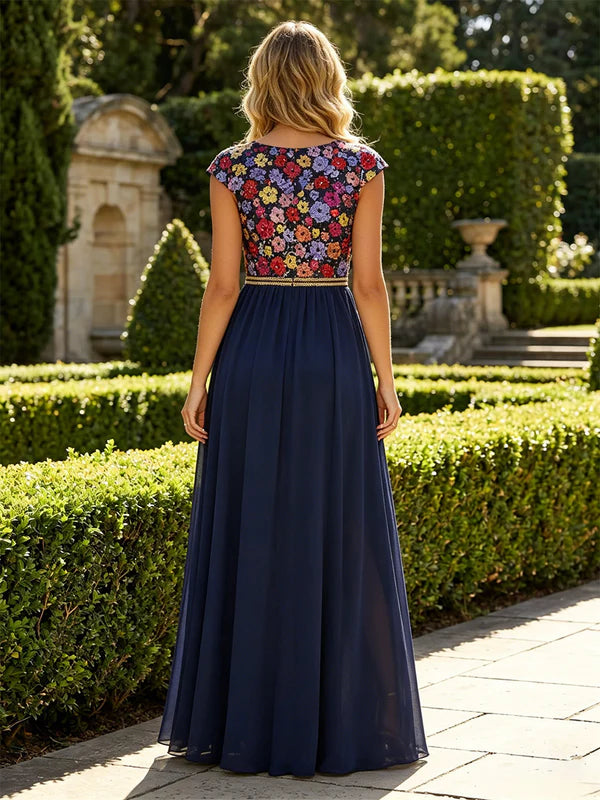 Robe de Soirée, Ligne A/Princesse, Col en V, Sans Manches, Longueur au Sol, Florale avec Fente Latérale