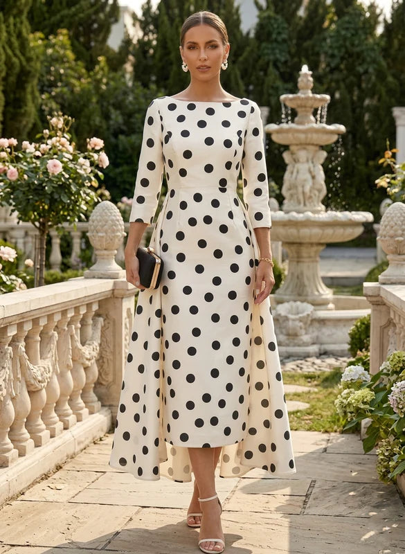Gaine/Colonne À Pois Col Rond Robe Cocktail Longueur Midi Manches 3/4 avec Surjupe