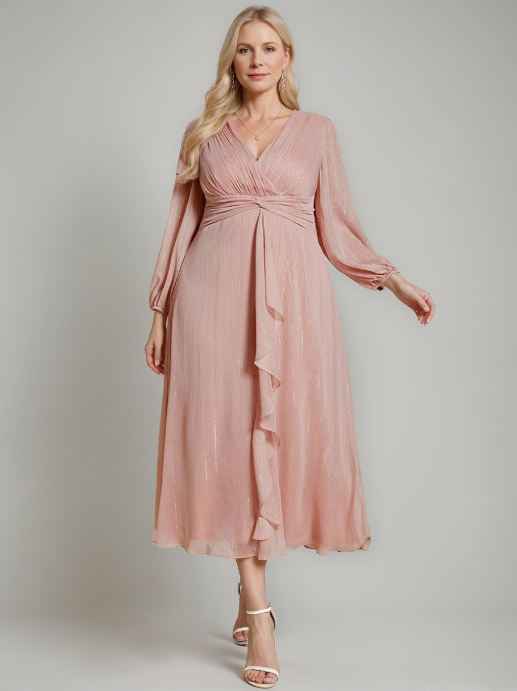 Robe de soirée trapèze scintillante à manches longues et col en V en mousseline de soie avec torsadé