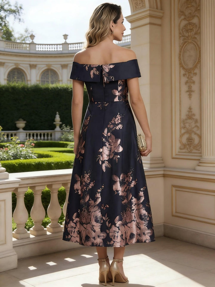 Robe mère de la mariée ligne A en jacquard, manches tombantes, sans manches, longueur midi, zip dos, plissé, imprimé floral