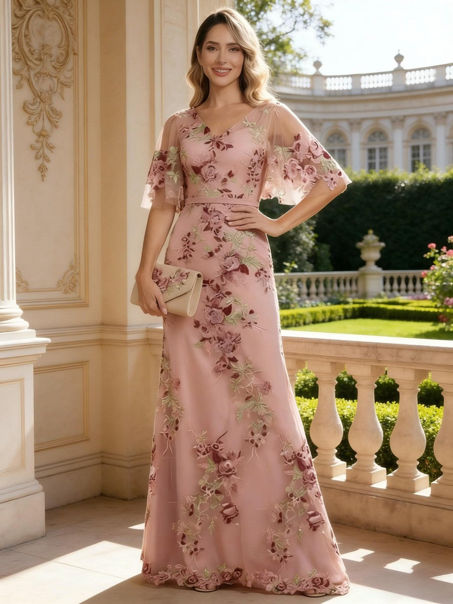 Robe mère de la mariée ligne A, col V, manches mi-longues, longueur sol, dentelle florale, broderie, plissé et zip dos
