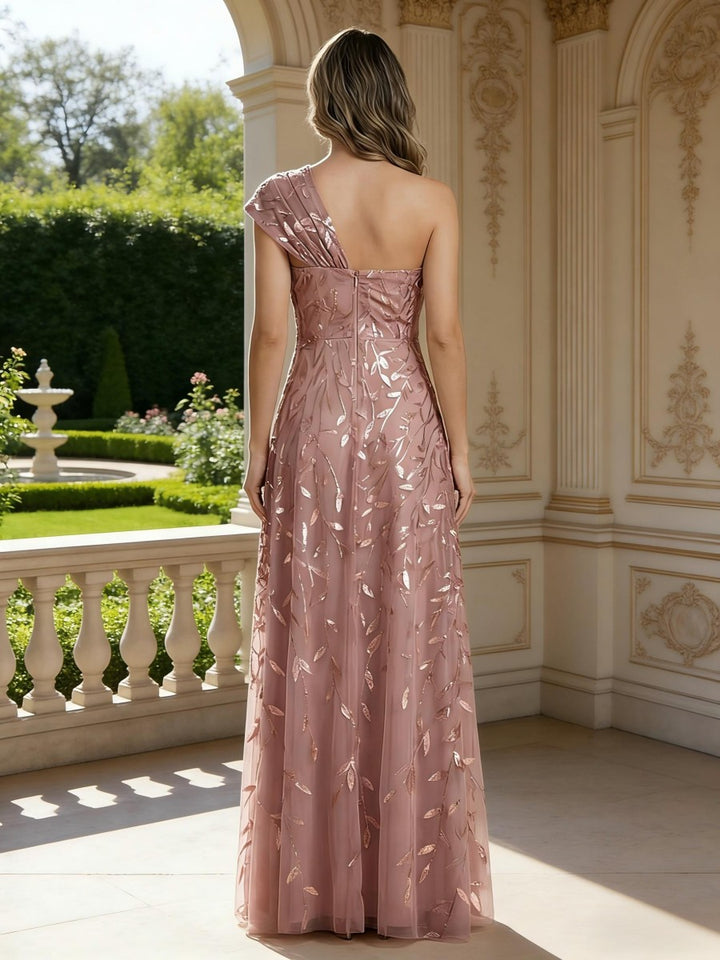 Robe mère de la mariée ligne A, une épaule, sans manches, longueur sol, imprimé floral, plissé et zip dos