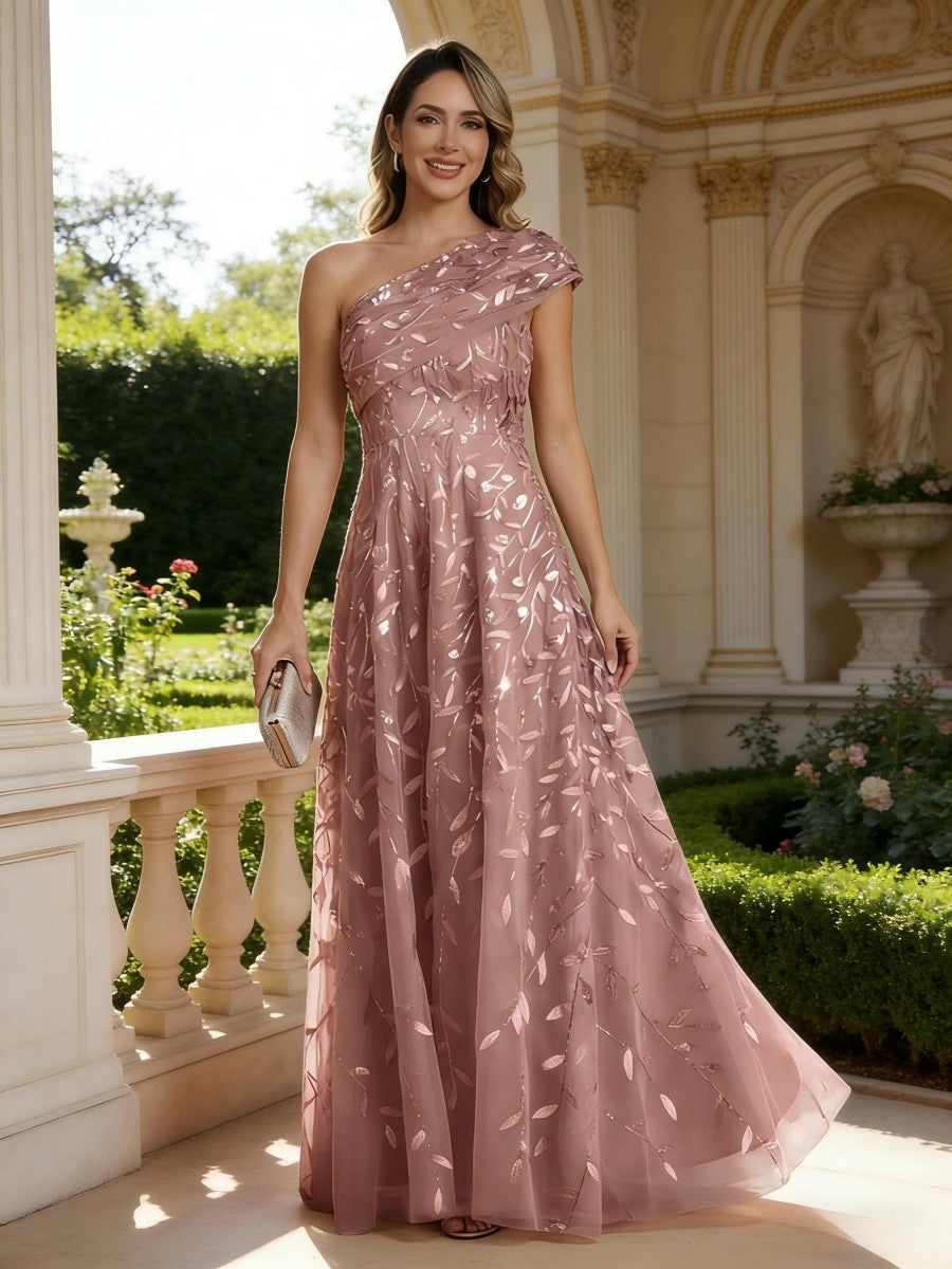 Robe mère de la mariée ligne A, une épaule, sans manches, longueur sol, imprimé floral, plissé et zip dos