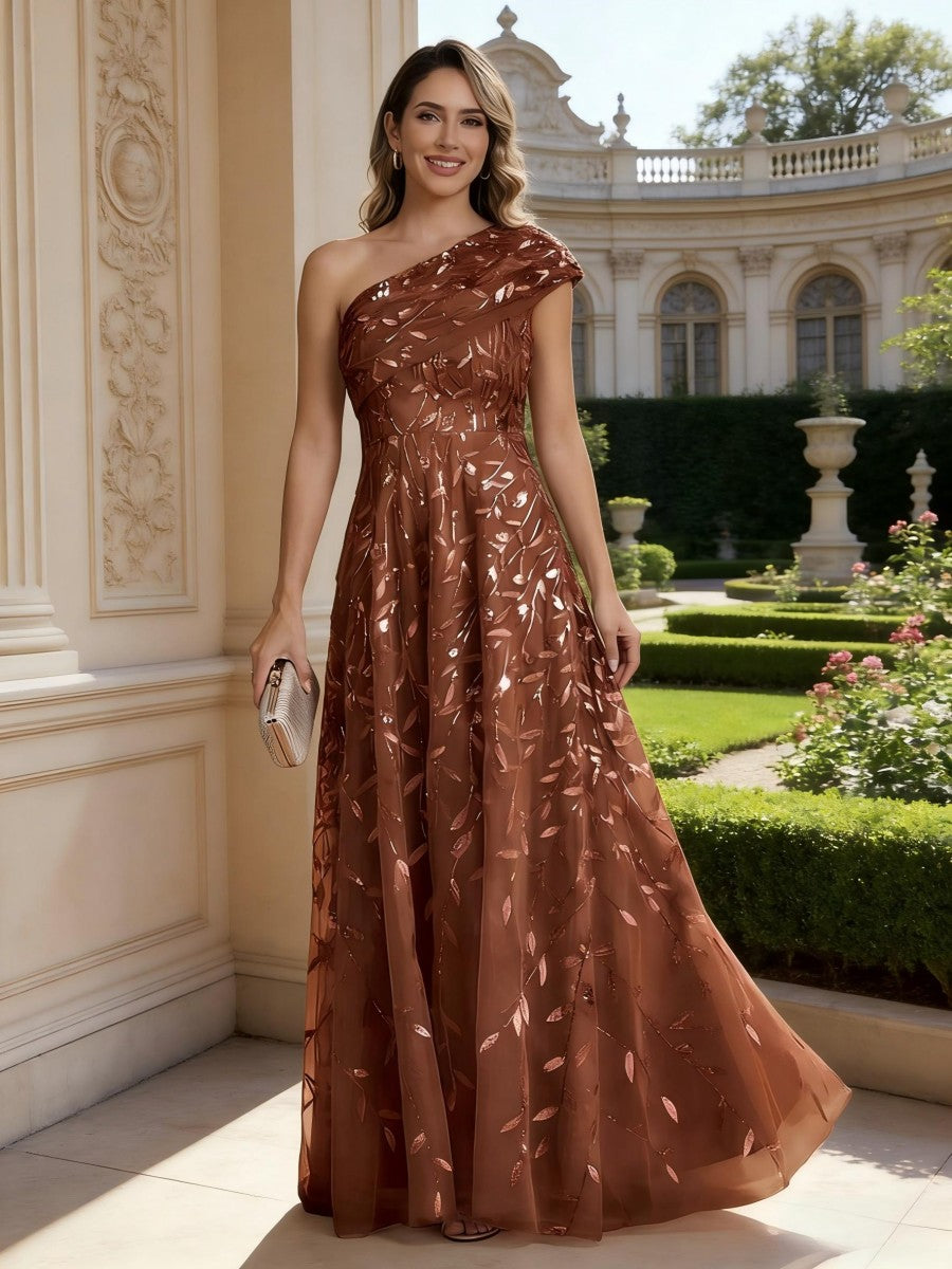 Robe mère de la mariée ligne A, une épaule, sans manches, longueur sol, imprimé floral, plissé et zip dos