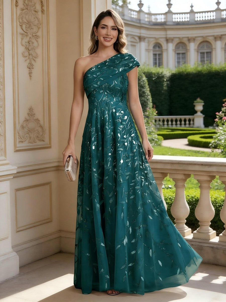 Robe mère de la mariée ligne A, une épaule, sans manches, longueur sol, imprimé floral, plissé et zip dos