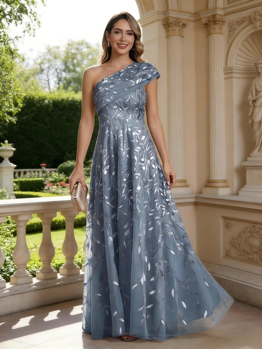 Robe mère de la mariée ligne A, une épaule, sans manches, longueur sol, imprimé floral, plissé et zip dos