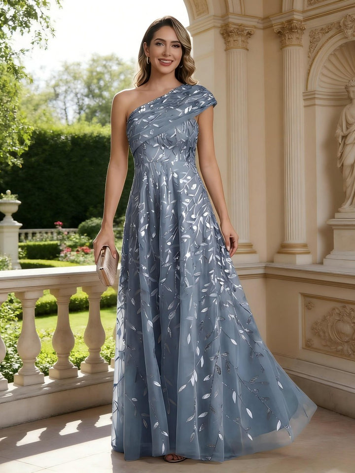 Robe mère de la mariée ligne A, une épaule, sans manches, longueur sol, imprimé floral, plissé et zip dos