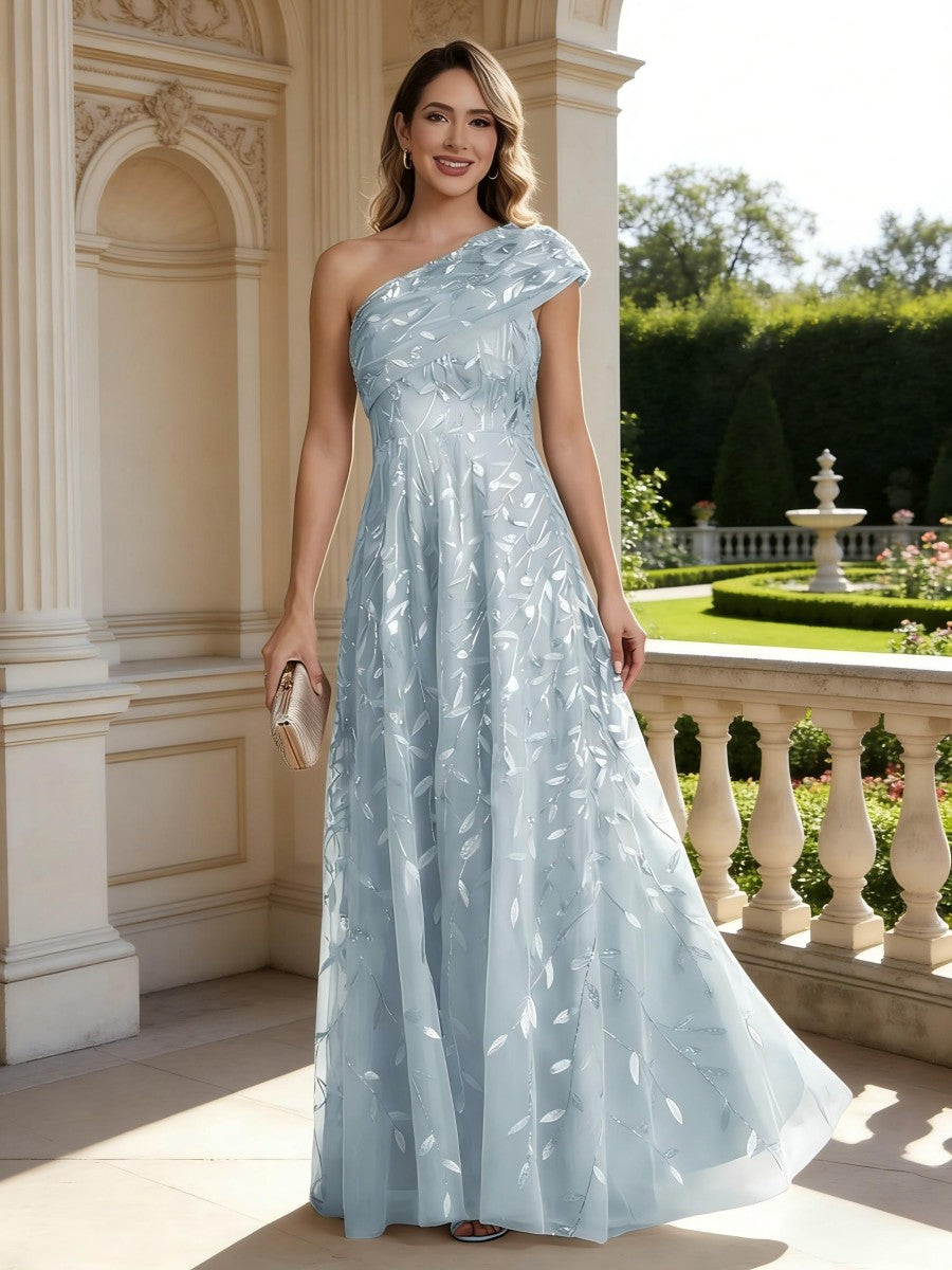 Robe mère de la mariée ligne A, une épaule, sans manches, longueur sol, imprimé floral, plissé et zip dos