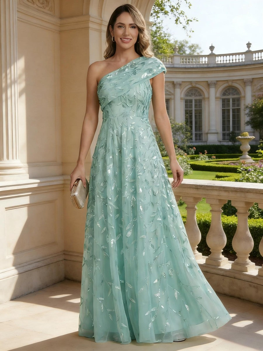 Robe mère de la mariée ligne A, une épaule, sans manches, longueur sol, imprimé floral, plissé et zip dos