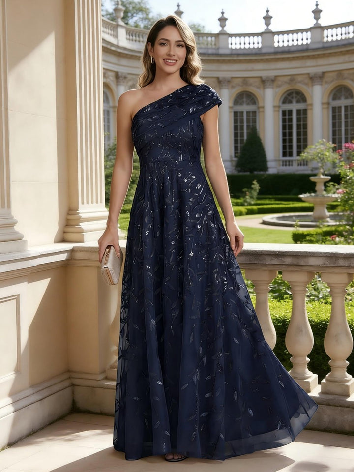 Robe mère de la mariée ligne A, une épaule, sans manches, longueur sol, imprimé floral, plissé et zip dos