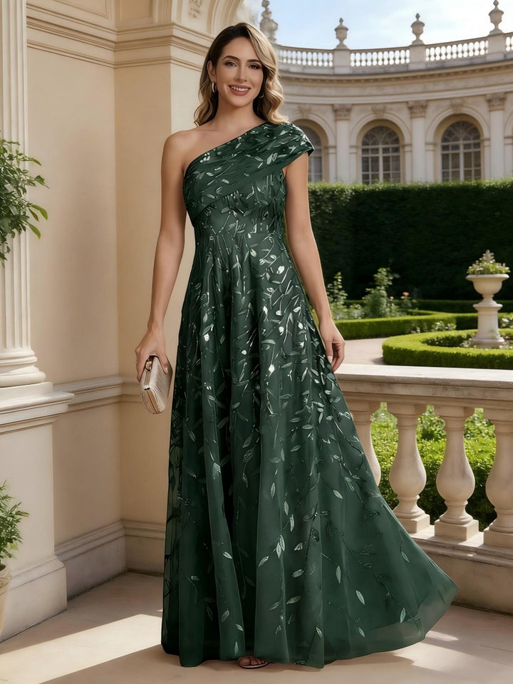 Robe mère de la mariée ligne A, une épaule, sans manches, longueur sol, imprimé floral, plissé et zip dos